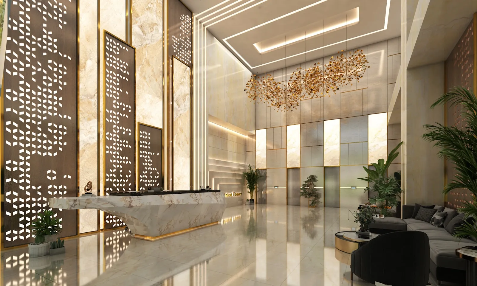 The lobby of a multi-tenant commercial office building