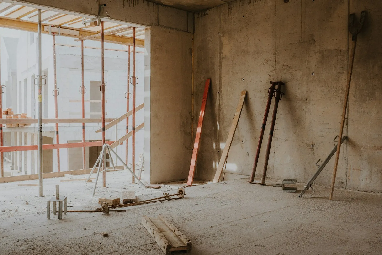 A commercial interior mid-construction, before final cleaning
